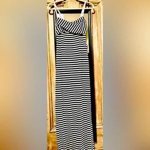 Max Studio dress. Black/white striped, draped bust, white straps, long length